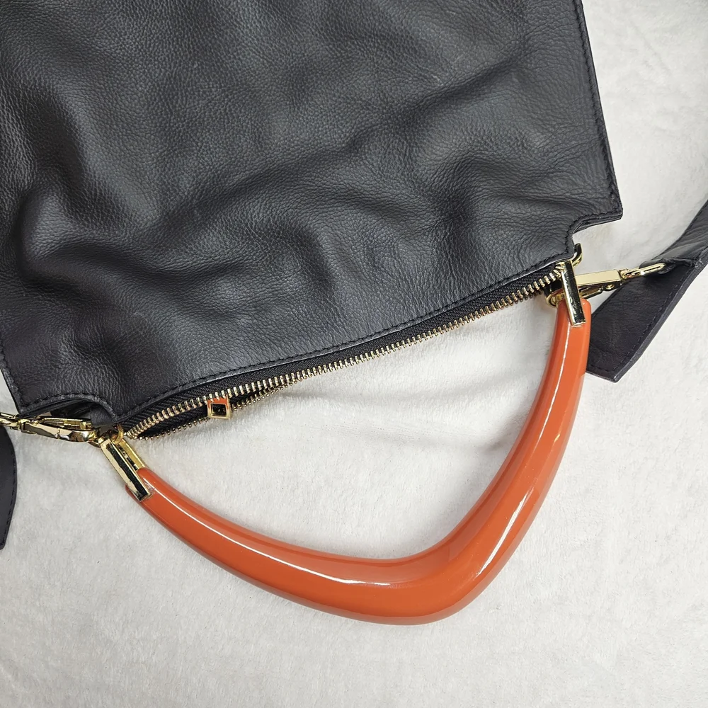 Black Leather Bag with Orange Handle